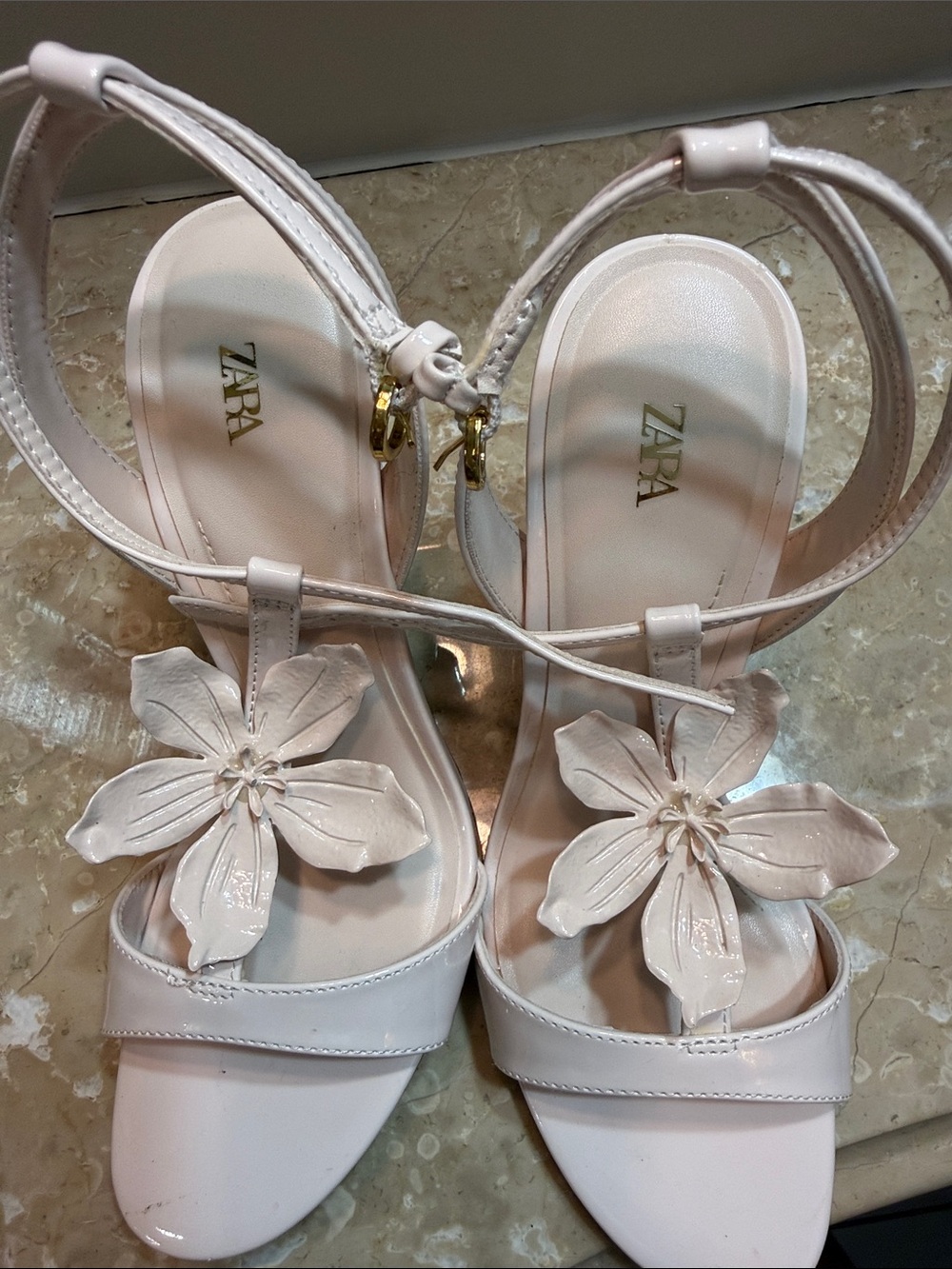 Zara White Floral Ankle-Strap Heeled Sandals